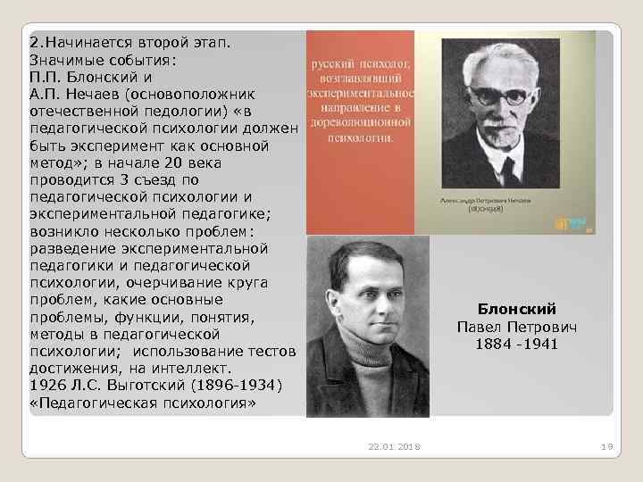 2. Начинается второй этап.  Значимые события:  П. П. Блонский и А. П.