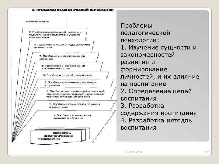 Проблемы педагогической психологии:  1. Изучение сущности и закономерностей развития и формирование личностей, и