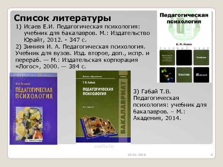 Список литературы 1) Исаев Е. И. Педагогическая психология: учебник для бакалавров. М. : Издательство