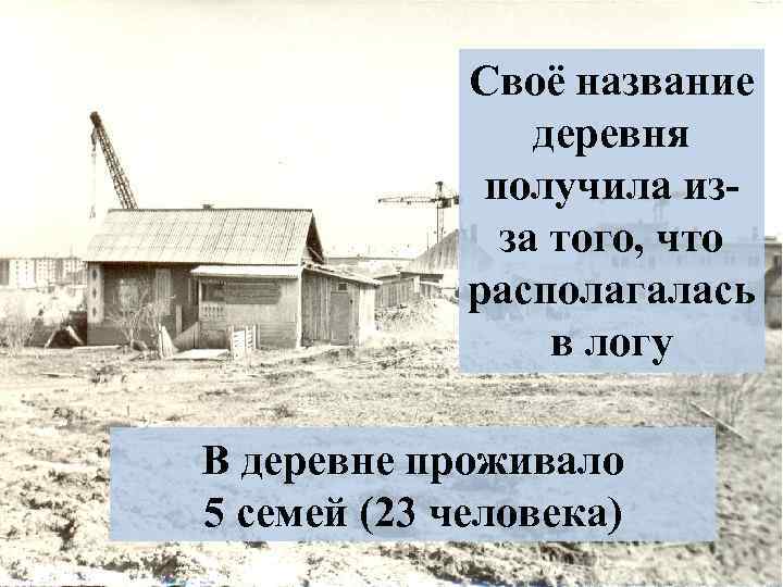 Своё название деревня получила изза того, что располагалась в логу В деревне проживало 5