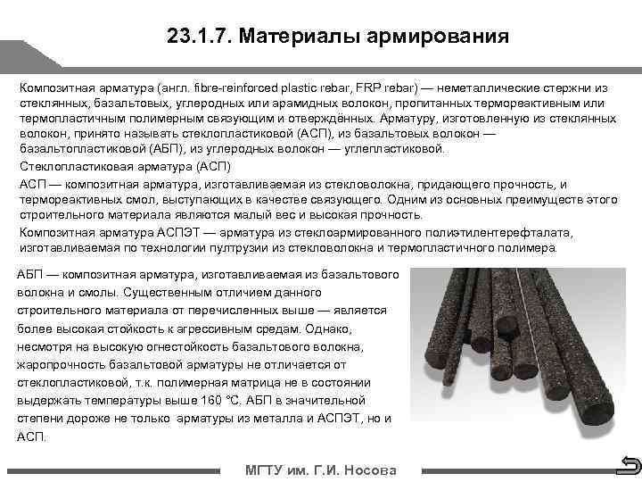     23. 1. 7. Материалы армирования Композитная арматура (англ. fibre-reinforced plastic