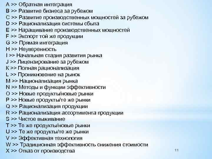 А >> Обратная интеграция В >> Развитие бизнеса за рубежом С >> Развитие производственных