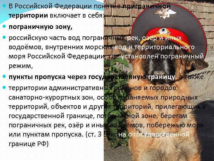  В Российской Федерации понятие приграничной  территории включает в себя:  пограничную зону,