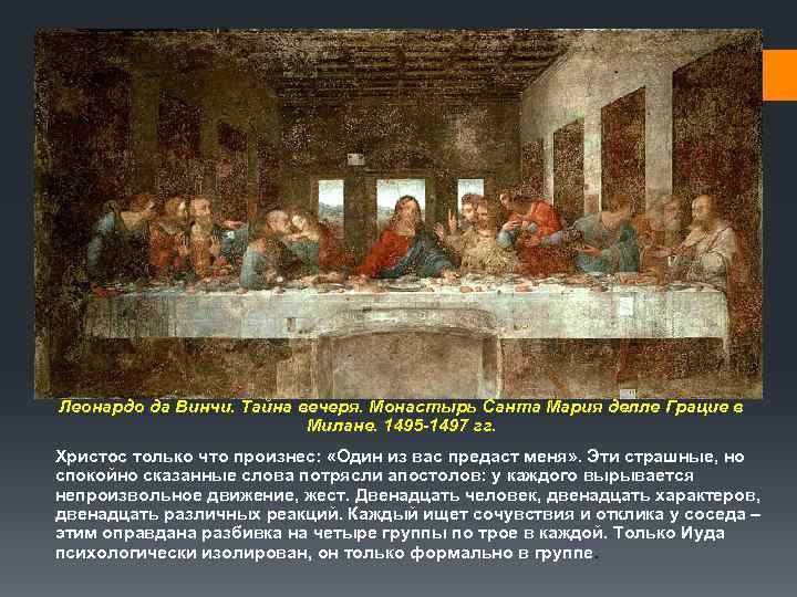 Леонардо да Винчи. Тайна вечеря. Монастырь Санта Мария делле Грацие в   