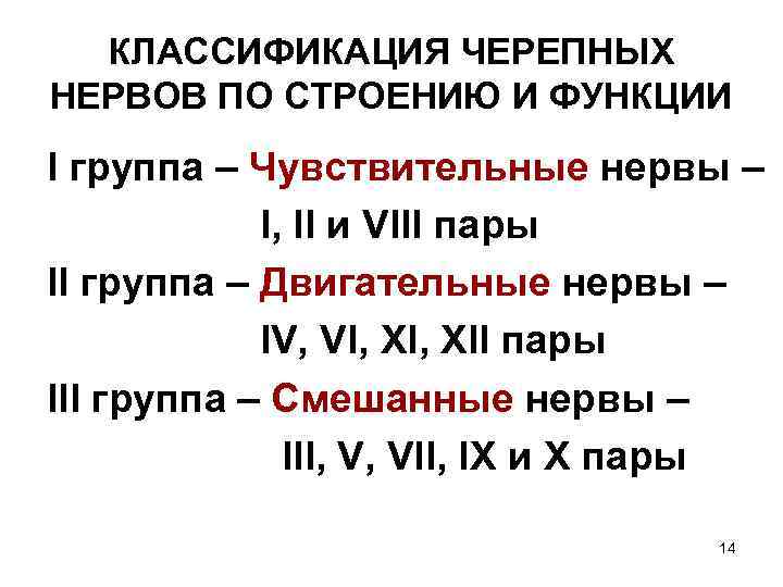  КЛАССИФИКАЦИЯ ЧЕРЕПНЫХ НЕРВОВ ПО СТРОЕНИЮ И ФУНКЦИИ I группа – Чувствительные нервы –