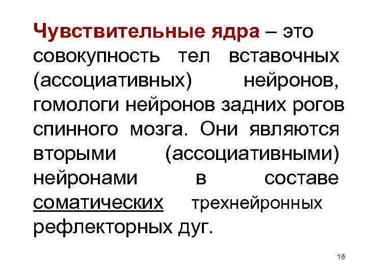 Чувствительные ядра – это совокупность тел вставочных (ассоциативных) нейронов, гомологи нейронов задних рогов спинного