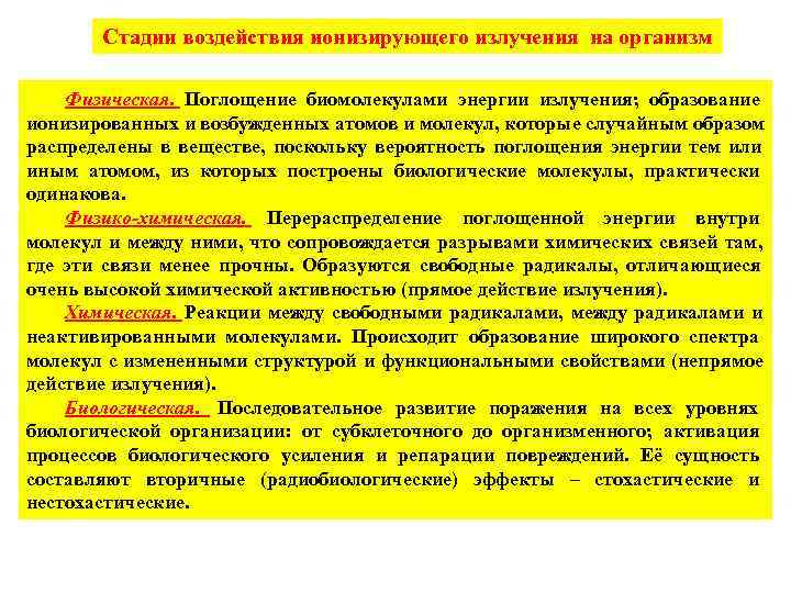   Стадии воздействия ионизирующего излучения на организм  Физическая.  Поглощение биомолекулами энергии