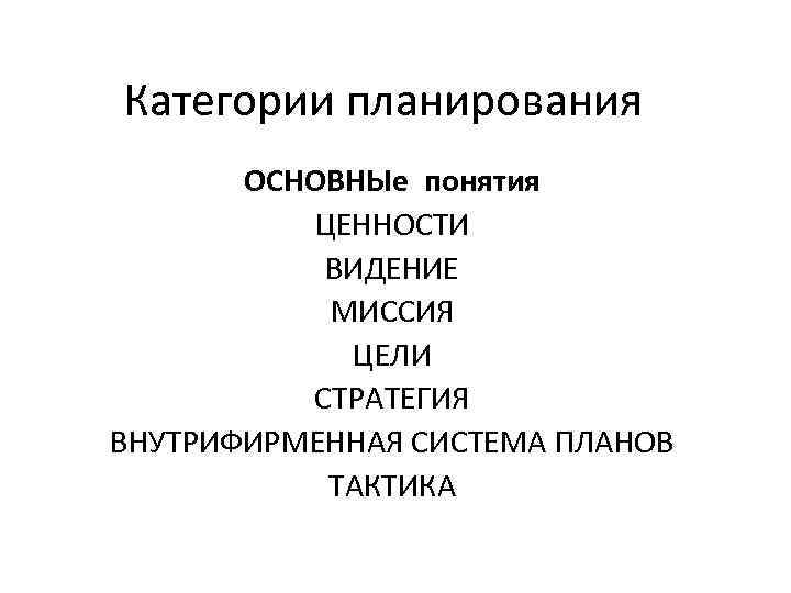 Категории планирования  ОСНОВНЫе понятия  ЦЕННОСТИ  ВИДЕНИЕ  МИССИЯ   ЦЕЛИ