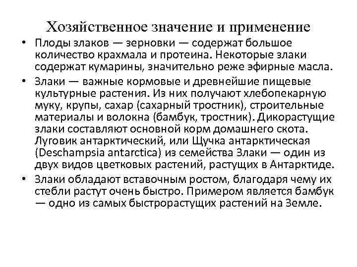   Хозяйственное значение и применение • Плоды злаков — зерновки — содержат большое