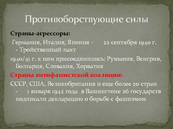   Противоборствующие силы Страны-агрессоры:  Германия, Италия, Япония – 22 сентября 1940 г.