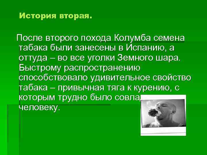 История вторая.  После второго похода Колумба семена табака были занесены в Испанию, а