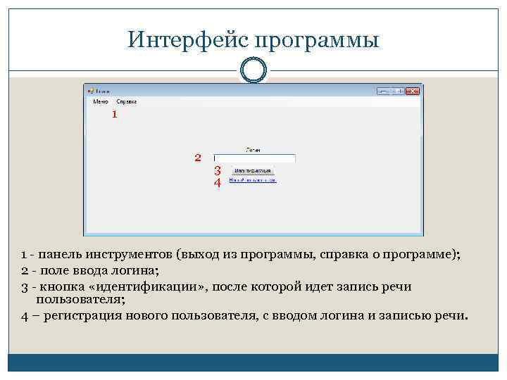 Интерфейс программы 1 2 3 4 1 - панель инструментов (выход из программы, справка