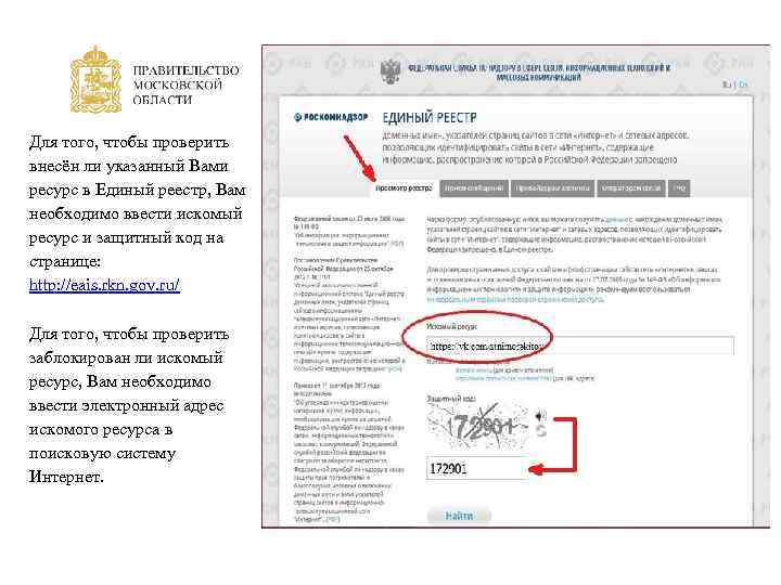 Для того, чтобы проверить внесён ли указанный Вами ресурс в Единый реестр, Вам необходимо