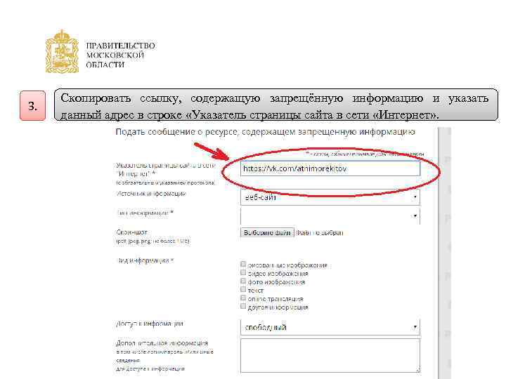 3. Скопировать ссылку, содержащую запрещённую информацию и указать данный адрес в строке «Указатель страницы