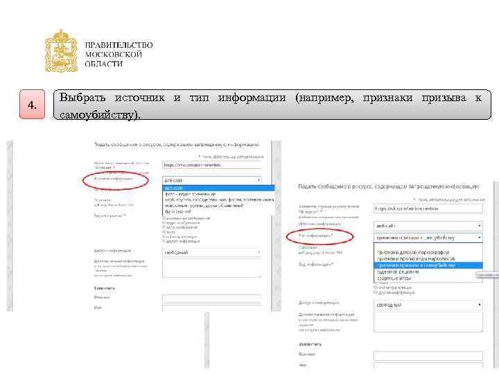4. Выбрать источник и тип информации (например, признаки призыва к самоубийству). 