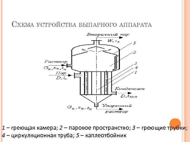 СХЕМА УСТРОЙСТВА ВЫПАРНОГО АППАРАТА 1 – греющая камера; 2 – паровое пространство; 3 –