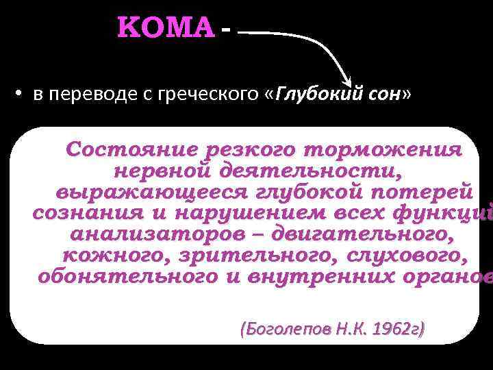 КОМА • в переводе с греческого «Глубокий сон» Состояние резкого торможения нервной деятельности, выражающееся