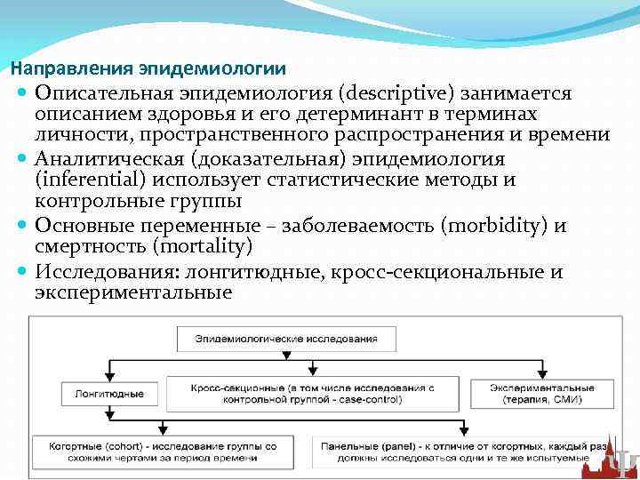 Направления эпидемиологии Описательная эпидемиология (descriptive) занимается описанием здоровья и его детерминант в терминах личности,