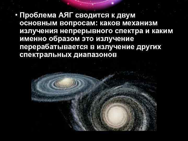  • Проблема АЯГ сводится к двум основным вопросам: каков механизм излучения непрерывного спектра