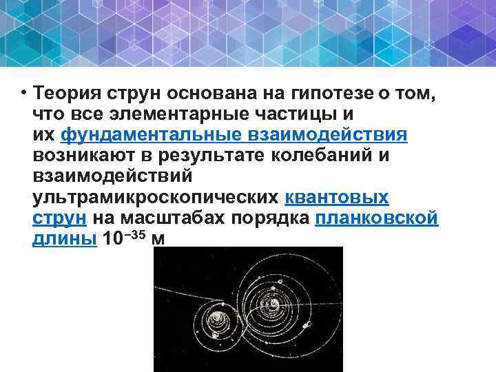  • Теория струн основана на гипотезе о том, что все элементарные частицы и