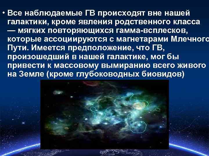  • Все наблюдаемые ГВ происходят вне нашей галактики, кроме явления родственного класса —