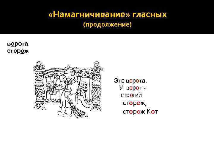  «Намагничивание» гласных (продолжение) ворота сторож Это ворота. У ворот строгий сторож, сторож Кот