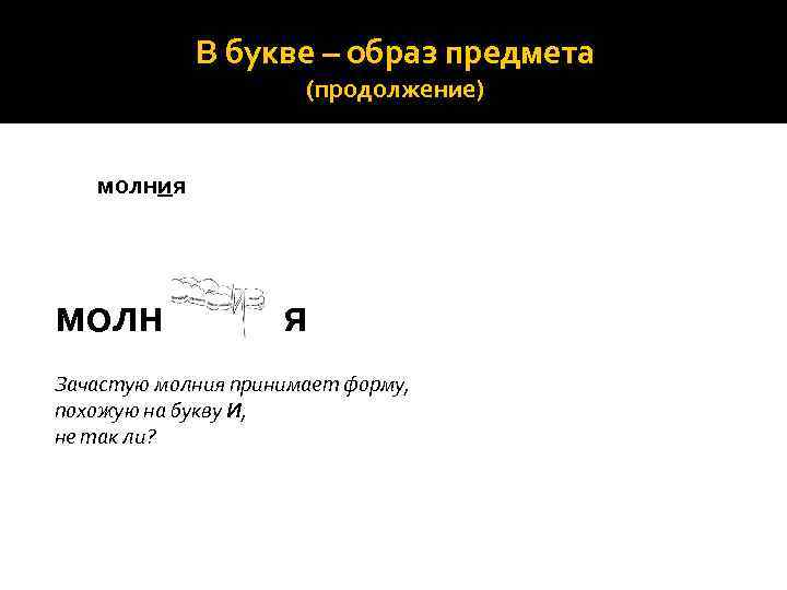 В букве – образ предмета (продолжение) молния молн я Зачастую молния принимает форму, похожую