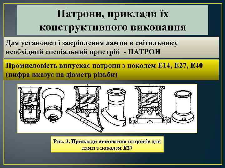 Патрони, приклади їх конструктивного виконання Для установки і закріплення лампи в світильнику необхідний спеціальний