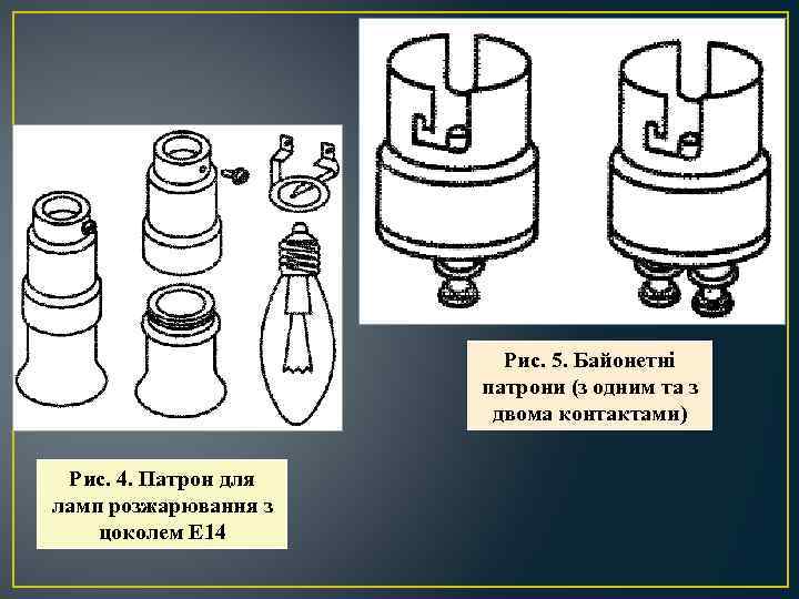 Рис. 5. Байонетні патрони (з одним та з двома контактами) Рис. 4. Патрон для