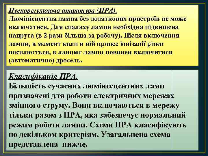 Пускорегулююча апаратура (ПРА). Люмінісцентна лампа без додаткових пристроїв не може включатися. Для спалаху лампи