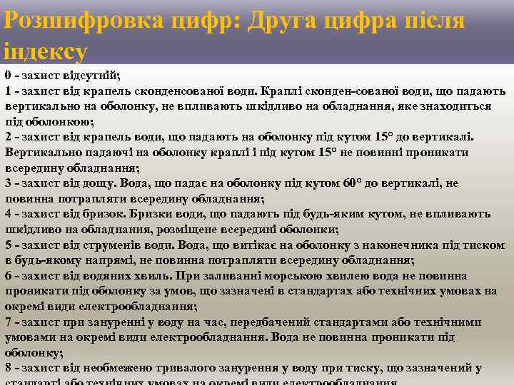 Розшифровка цифр: Друга цифра після індексу 0 захист відсутній; 1 захист від крапель сконденсованої