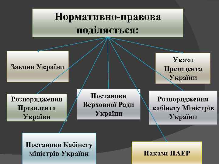 Нормативно правова поділяється: Укази Президента України Закони України Розпорядження Президента України Постанови Верховної Ради