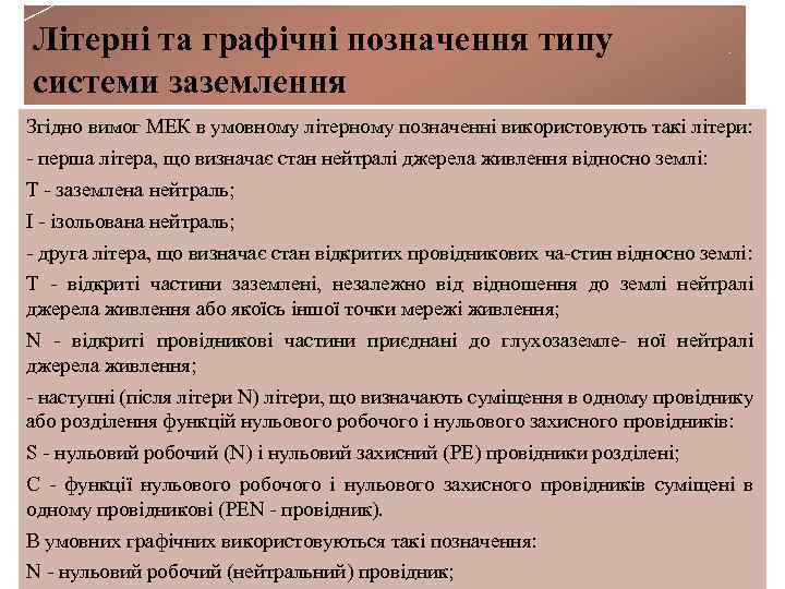 Літерні та графічні позначення типу системи заземлення Згідно вимог МЕК в умовному літерному позначенні