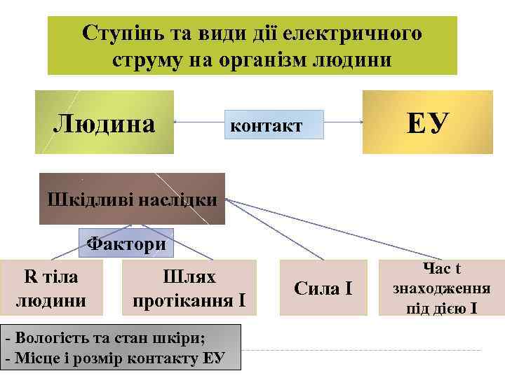 Ступінь та види дії електричного струму на організм людини Людина контакт ЕУ Шкідливі наслідки