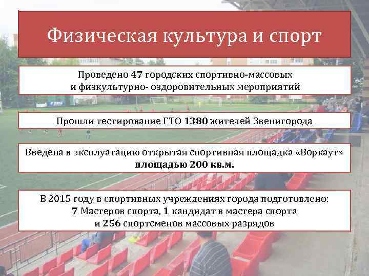 Физическая культура и спорт Проведено 47 городских спортивно-массовых и физкультурно- оздоровительных мероприятий Прошли тестирование