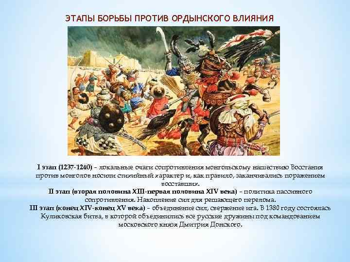ЭТАПЫ БОРЬБЫ ПРОТИВ ОРДЫНСКОГО ВЛИЯНИЯ I этап (1237 -1240) – локальные очаги сопротивления монгольскому