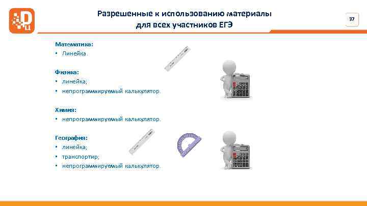 Разрешенные к использованию материалы для всех участников ЕГЭ Математика: • Линейка. Физика: • линейка;