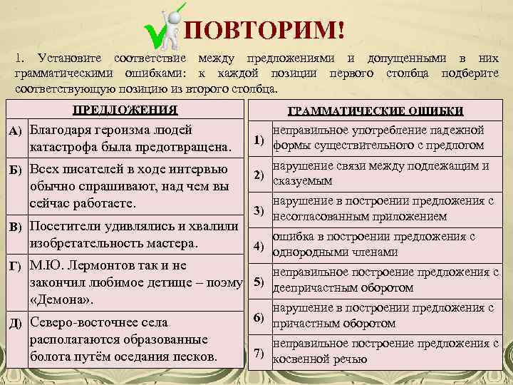 ПОВТОРИМ! 1. Установите соответствие между предложениями и допущенными в них грамматическими ошибками: к каждой