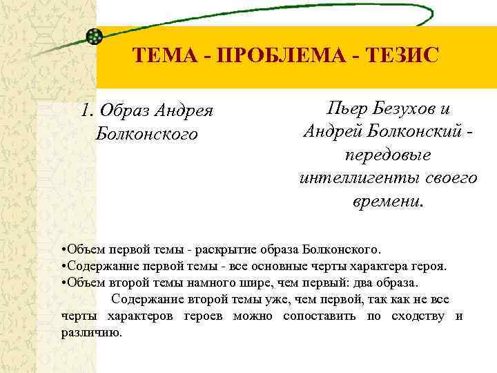 ТЕМА - ПРОБЛЕМА - ТЕЗИС 1. Образ Андрея Болконского Пьер Безухов и Андрей Болконский