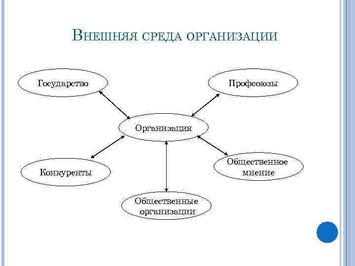 ВНЕШНЯЯ СРЕДА ОРГАНИЗАЦИИ Государство Профсоюзы Организация Общественное мнение Конкуренты Общественные организации 