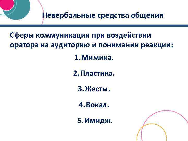 Невербальные средства общения Сферы коммуникации при воздействии оратора на аудиторию и понимании реакции: 1.