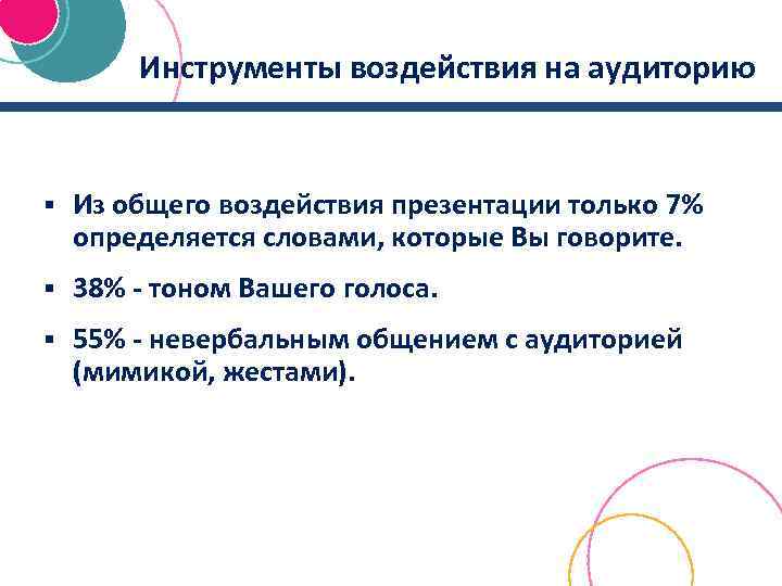 Инструменты воздействия на аудиторию § Из общего воздействия презентации только 7% определяется словами, которые