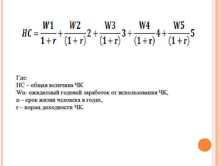 Где: HC – общая величина ЧК Wn- ожидаемый годовой заработок от использования ЧК, n