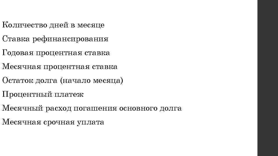 Количество дней в месяце Ставка рефинансирования Годовая процентная ставка Месячная процентная ставка Остаток долга