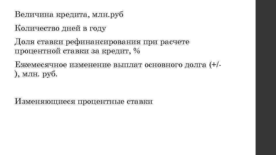 Величина кредита, млн. руб Количество дней в году Доля ставки рефинансирования при расчете процентной