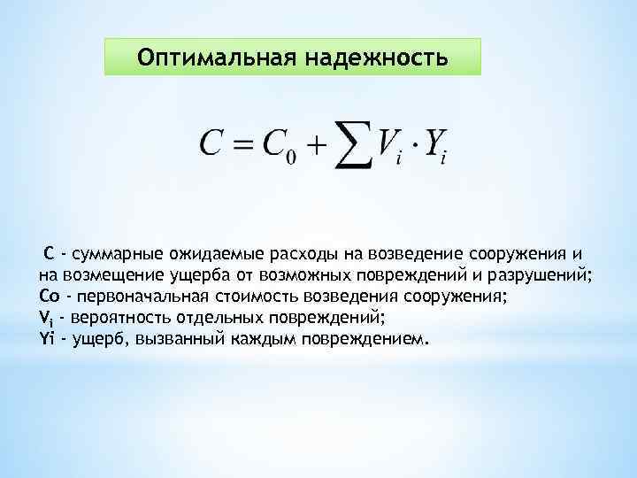 Оптимальная надежность C - суммарные ожидаемые расходы на возведение сооружения и на возмещение ущерба