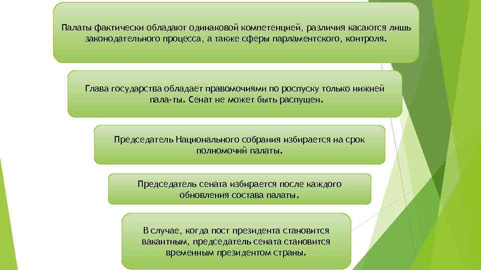 Палаты фактически обладают одинаковой компетенцией, различия касаются лишь законодательного процесса, а также сферы парламентского,