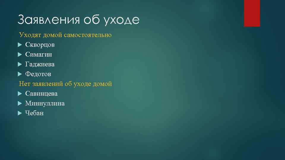 Заявления об уходе Уходят домой самостоятельно Скворцов Симагин Гаджиева Федотов Нет заявлений об уходе