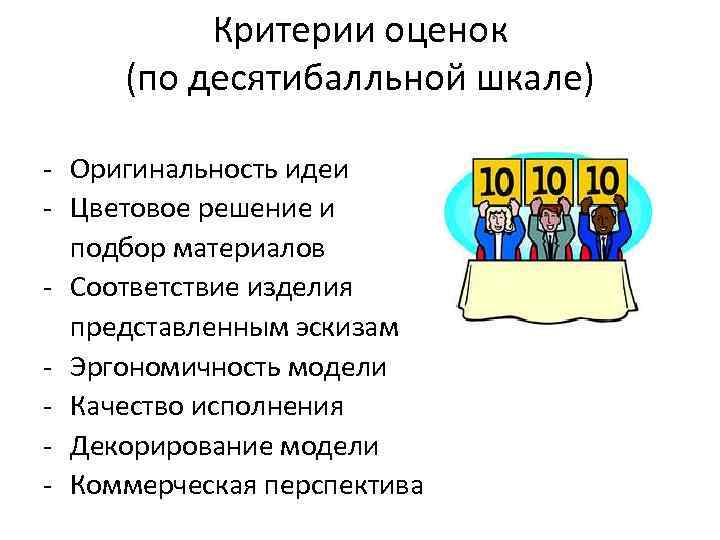 Критерии оценок (по десятибалльной шкале) - Оригинальность идеи - Цветовое решение и подбор материалов