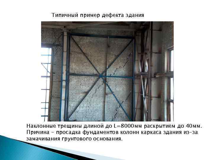 Типичный пример дефекта здания Наклонные трещины длиной до L=8000 мм раскрытием до 40 мм.